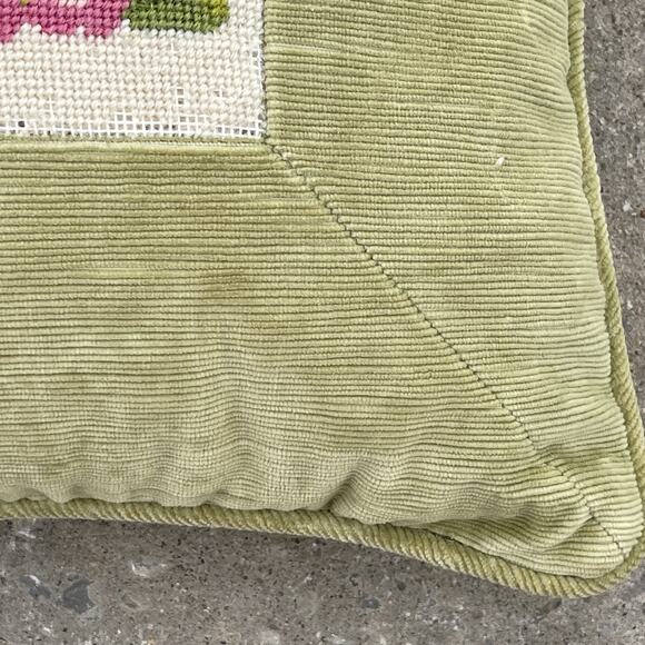 Vintage Strawberry Floral Needlepoint Pillow Velvet Back 13”x13” Cottage Grandma - Picture 6 of 10